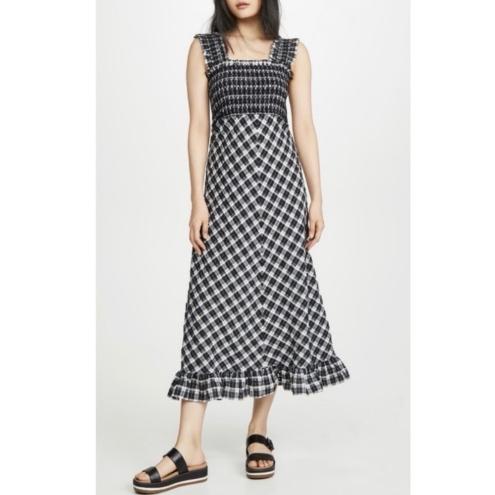 Ganni Black and White Gingham Smocked Midi Dress